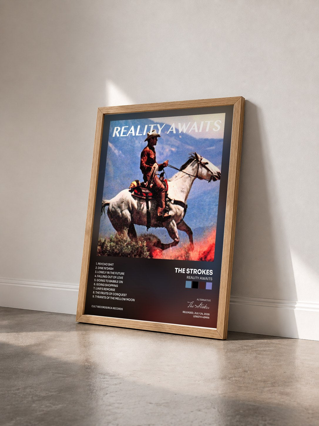 #bois Tableau de l'album Reality Awaits de The Strokes vu de trois quarts, cadre en bois brut