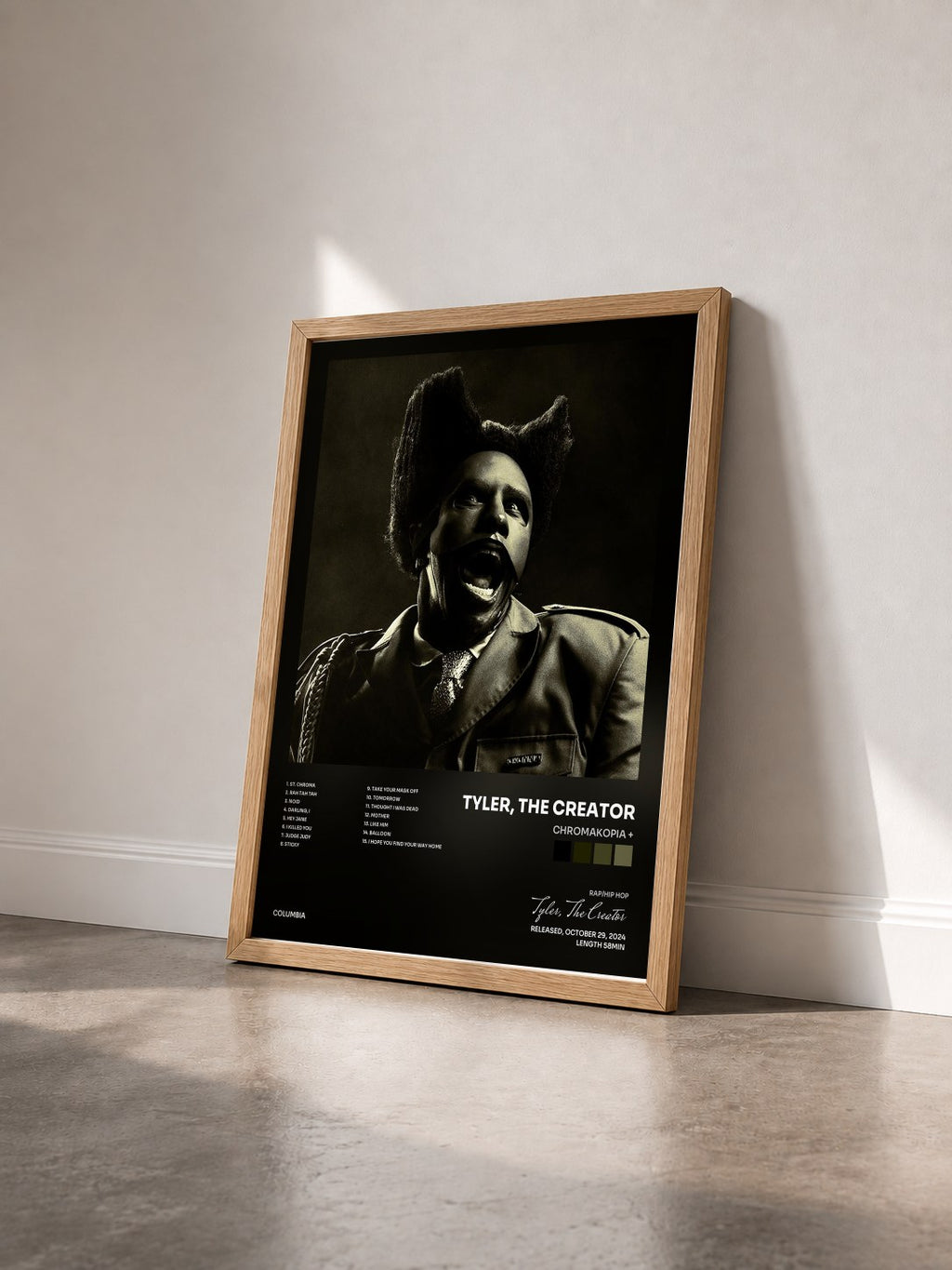 #bois Tableau de l'album CHROMAKOPIA + de Tyler, The Creator vu de trois quarts, cadre en bois brut