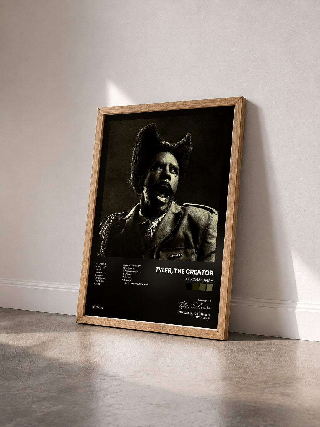 #bois Tableau de l'album CHROMAKOPIA + de Tyler, The Creator vu de trois quarts, cadre en bois brut