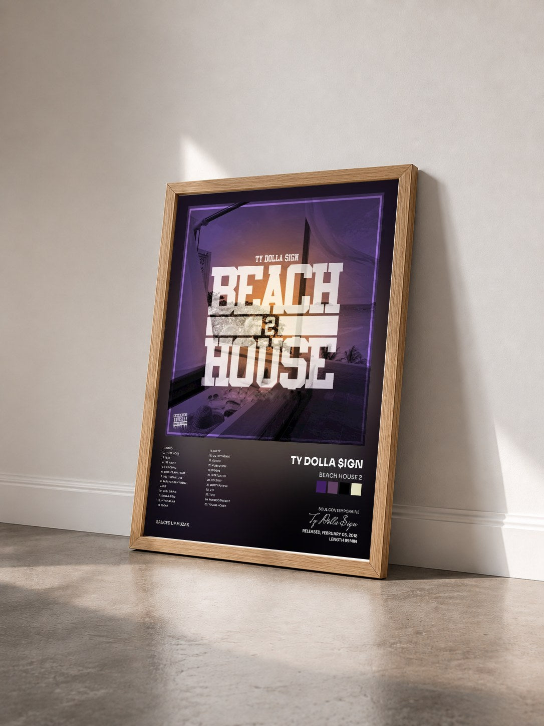 #bois Tableau de l'album Beach House 2 de Ty Dolla $ign vu de trois quarts, cadre en bois brut