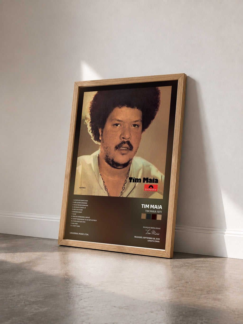 #bois Tableau de l'album Tim Maia 1971 de Tim Maia vu de trois quarts, cadre en bois brut