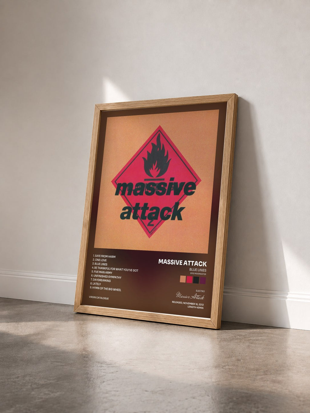 #bois Tableau de l'album Blue Lines (2012 Mix/Master) de Massive Attack vu de trois quarts, cadre en bois brut