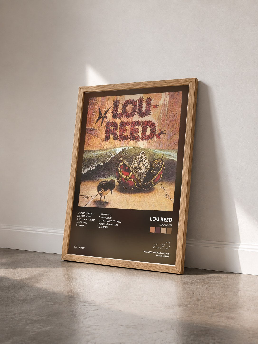 #bois Tableau de l'album Lou Reed de Lou Reed vu de trois quarts, cadre en bois brut