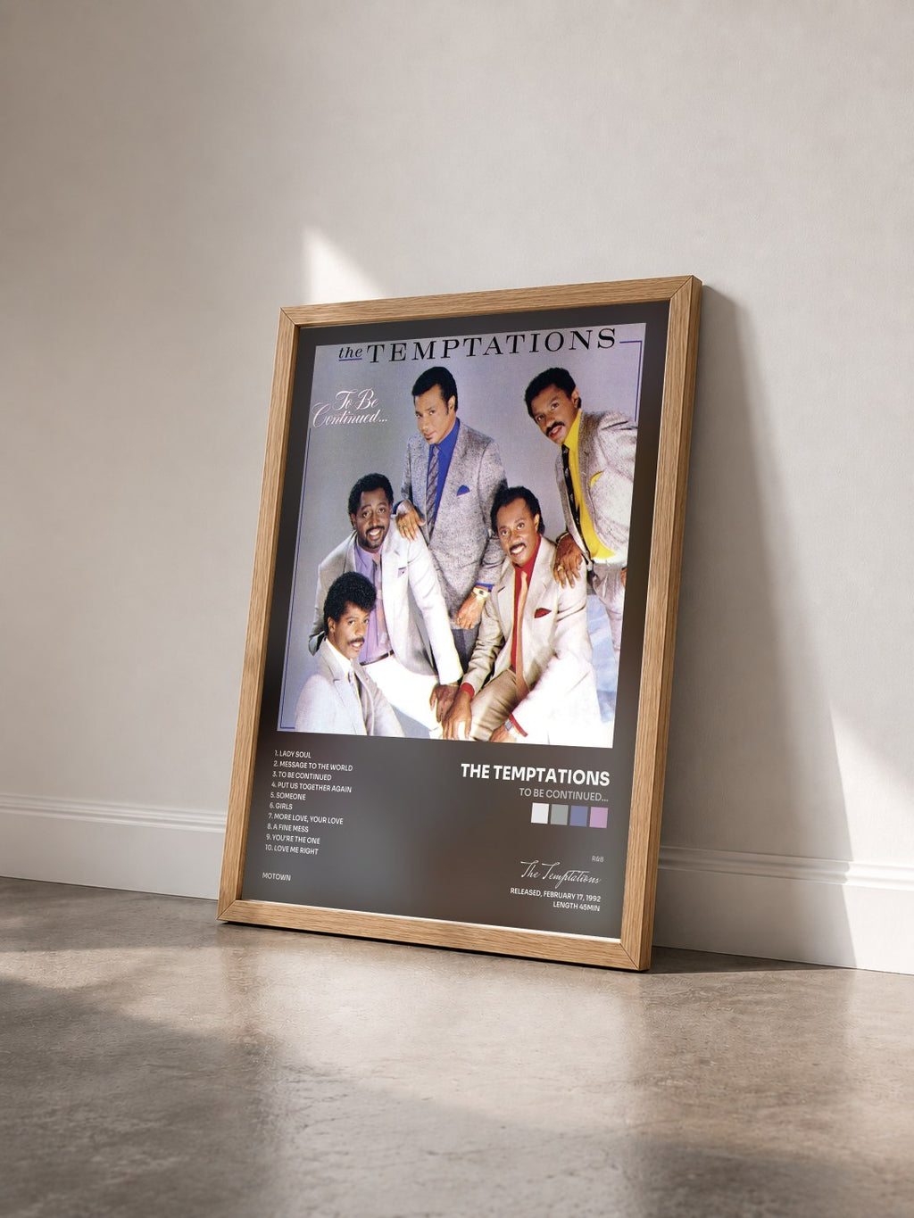 #bois Tableau de l'album To Be Continued... de The Temptations vu de trois quarts, cadre en bois brut