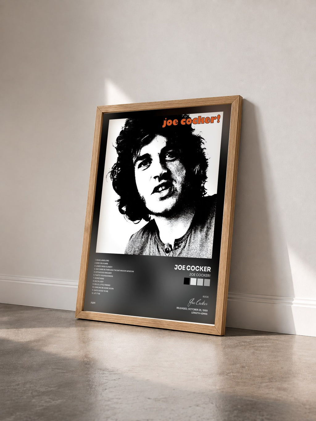 #bois Tableau de l'album Joe Cocker! de Joe Cocker vu de trois quarts, cadre en bois brut