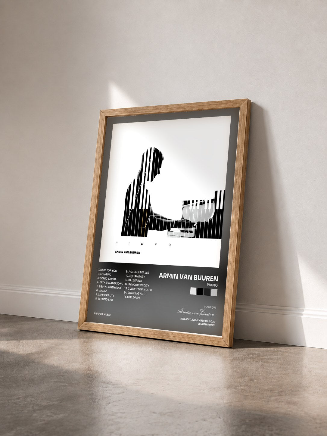 #bois Tableau de l'album Piano de Armin van Buuren vu de trois quarts, cadre en bois brut