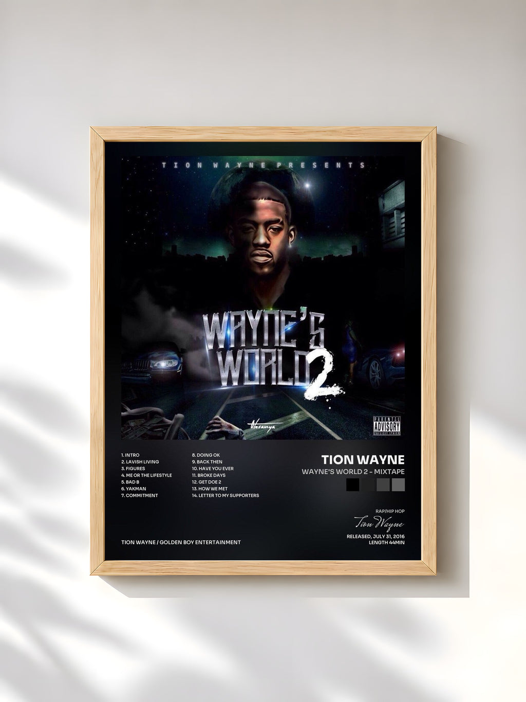 #bois Tableau de l'album Wayne's World 2 - Mixtape de Tion Wayne, cadre en bois brut, imprimé et encadré en France