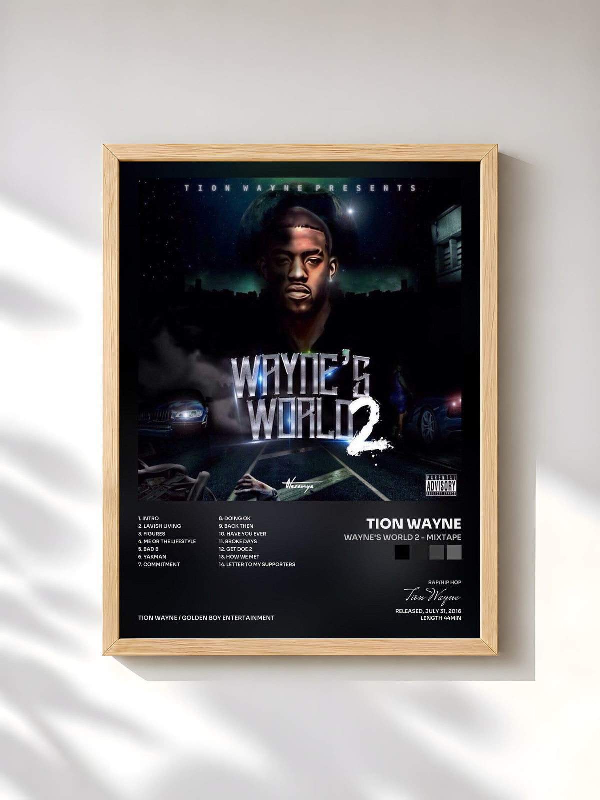 #bois Tableau de l'album Wayne's World 2 - Mixtape de Tion Wayne, cadre en bois brut, imprimé et encadré en France