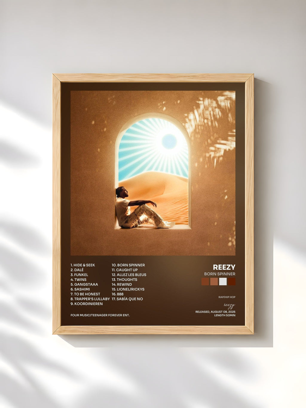 #bois Tableau de l'album BORN SPINNER de reezy, cadre en bois brut, imprimé et encadré en France