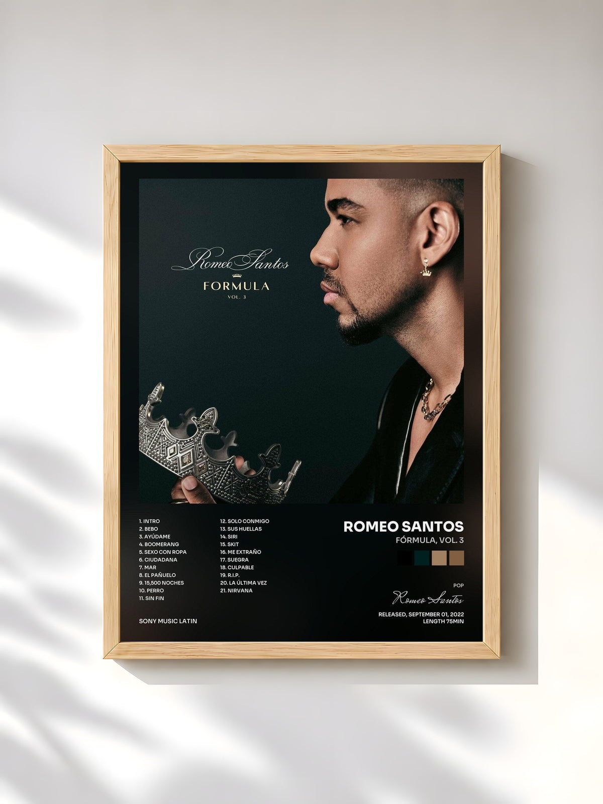 #bois Tableau de l'album Fórmula, Vol. 3 de Romeo Santos, cadre en bois brut, imprimé et encadré en France