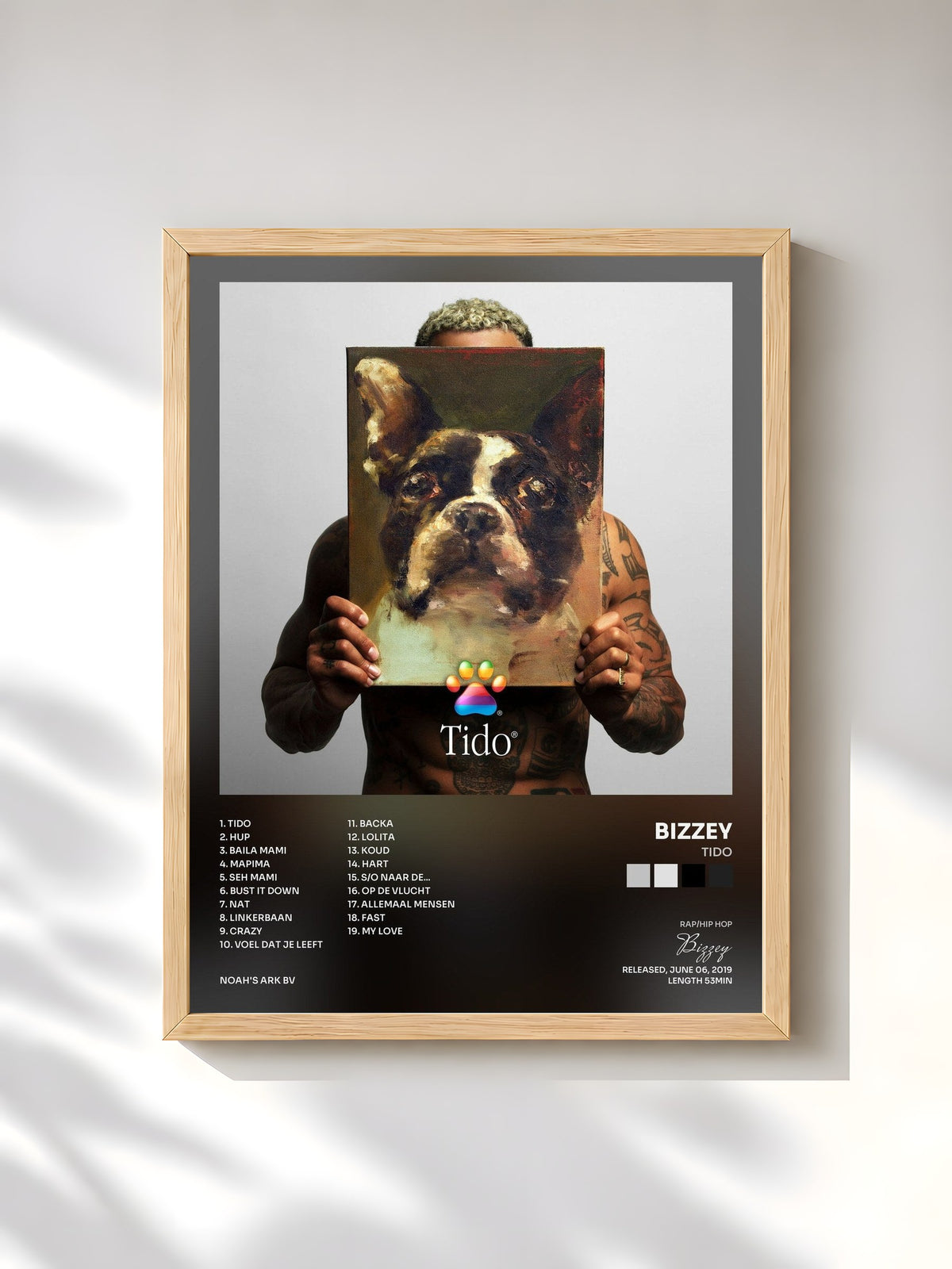 #bois Tableau de l'album Tido de Bizzey, cadre en bois brut, imprimé et encadré en France