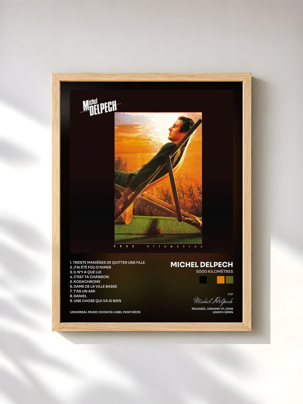 #bois Tableau de l'album 5000 Kilomètres de Michel Delpech, cadre en bois brut, imprimé et encadré en France
