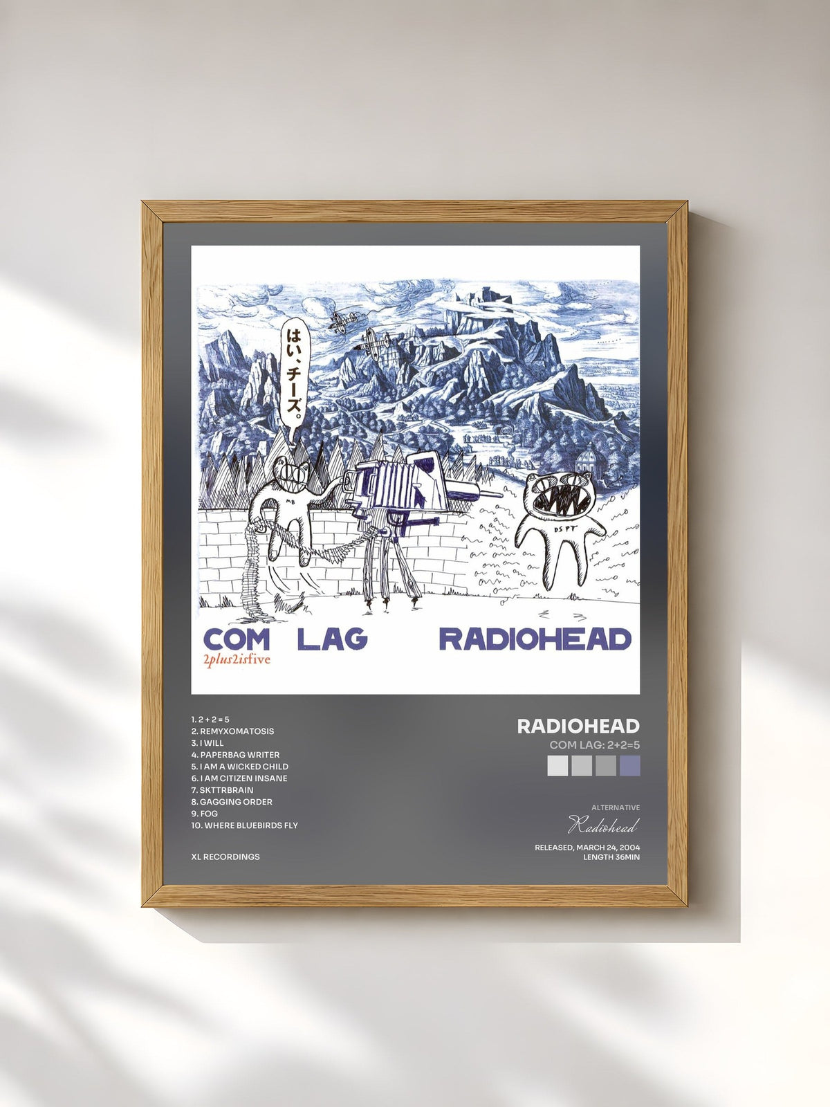 #bois Tableau de l'album Com Lag: 2+2=5 de Radiohead, cadre en bois brut, imprimé et encadré en France