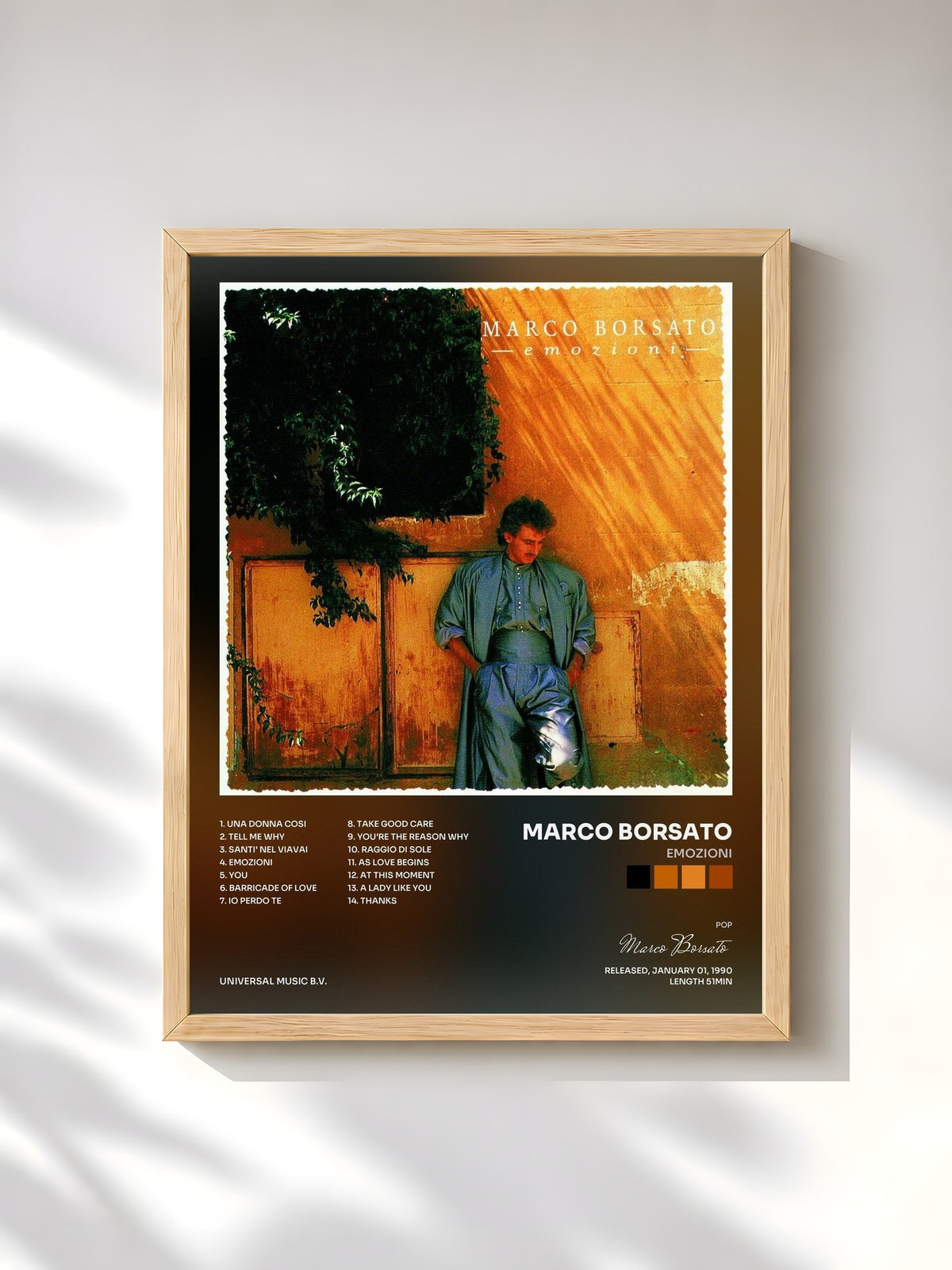 #bois Tableau de l'album Emozioni de Marco Borsato, cadre en bois brut, imprimé et encadré en France