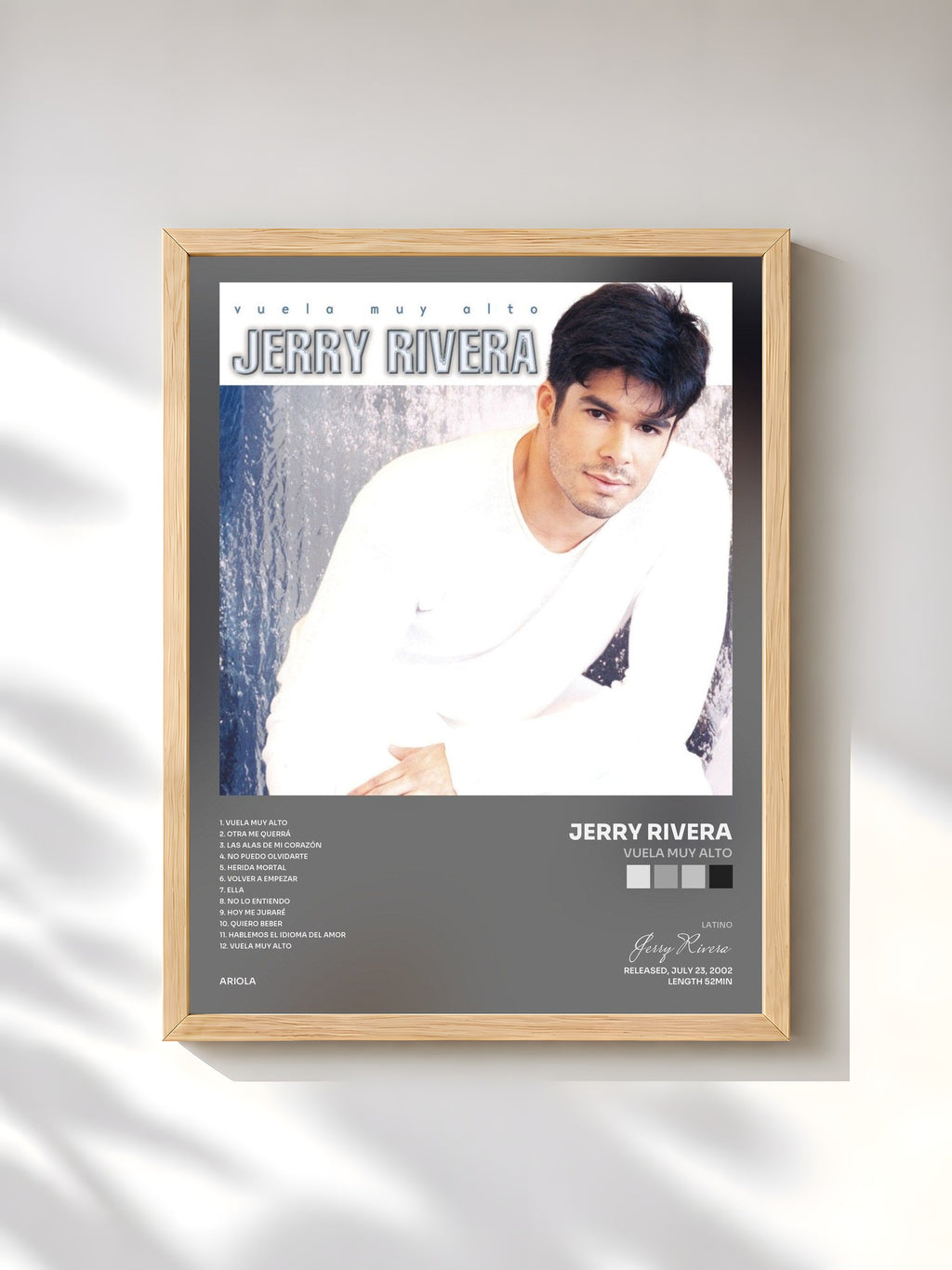 #bois Tableau de l'album Vuela Muy Alto de Jerry Rivera, cadre en bois brut, imprimé et encadré en France