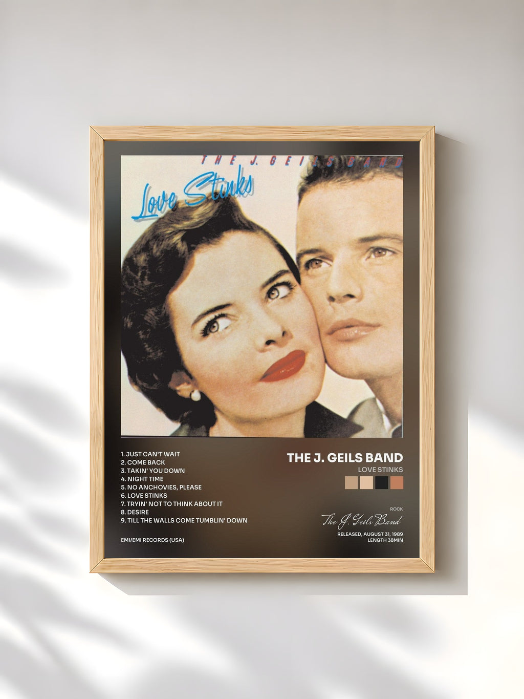 #bois Tableau de l'album Love Stinks de The J. Geils Band, cadre en bois brut, imprimé et encadré en France