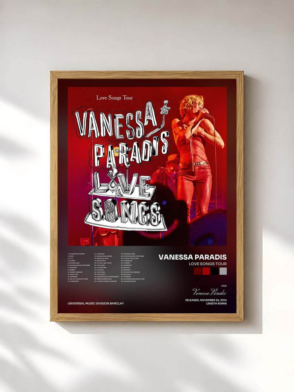 #bois Tableau de l'album Love Songs Tour de Vanessa Paradis, cadre en bois brut, imprimé et encadré en France