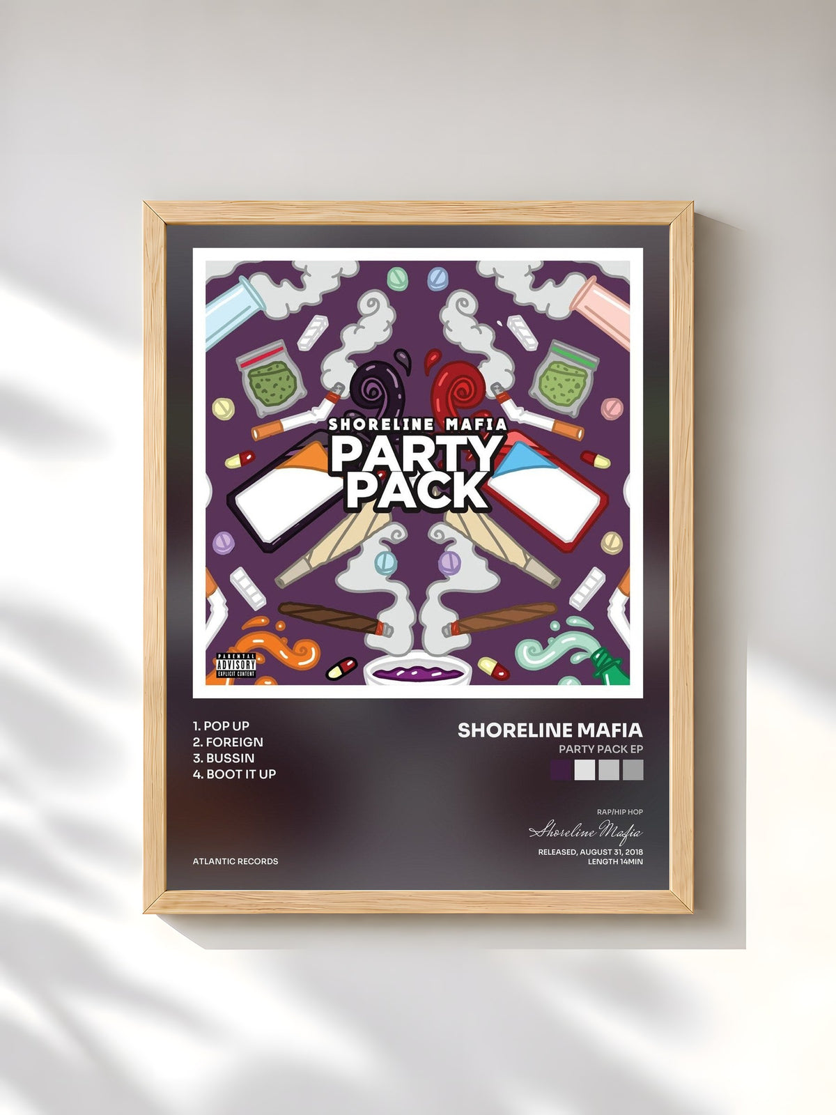 #bois Tableau de l'album Party Pack EP de Shoreline Mafia, cadre en bois brut, imprimé et encadré en France