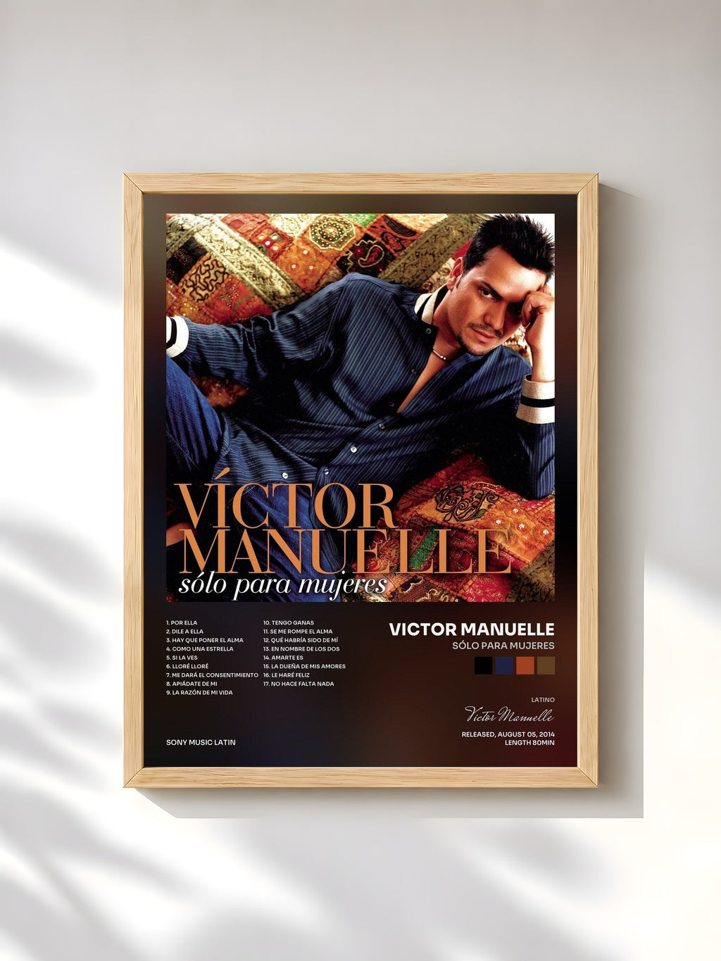 #bois Tableau de l'album Sólo para Mujeres de Victor Manuelle, cadre en bois brut, imprimé et encadré en France