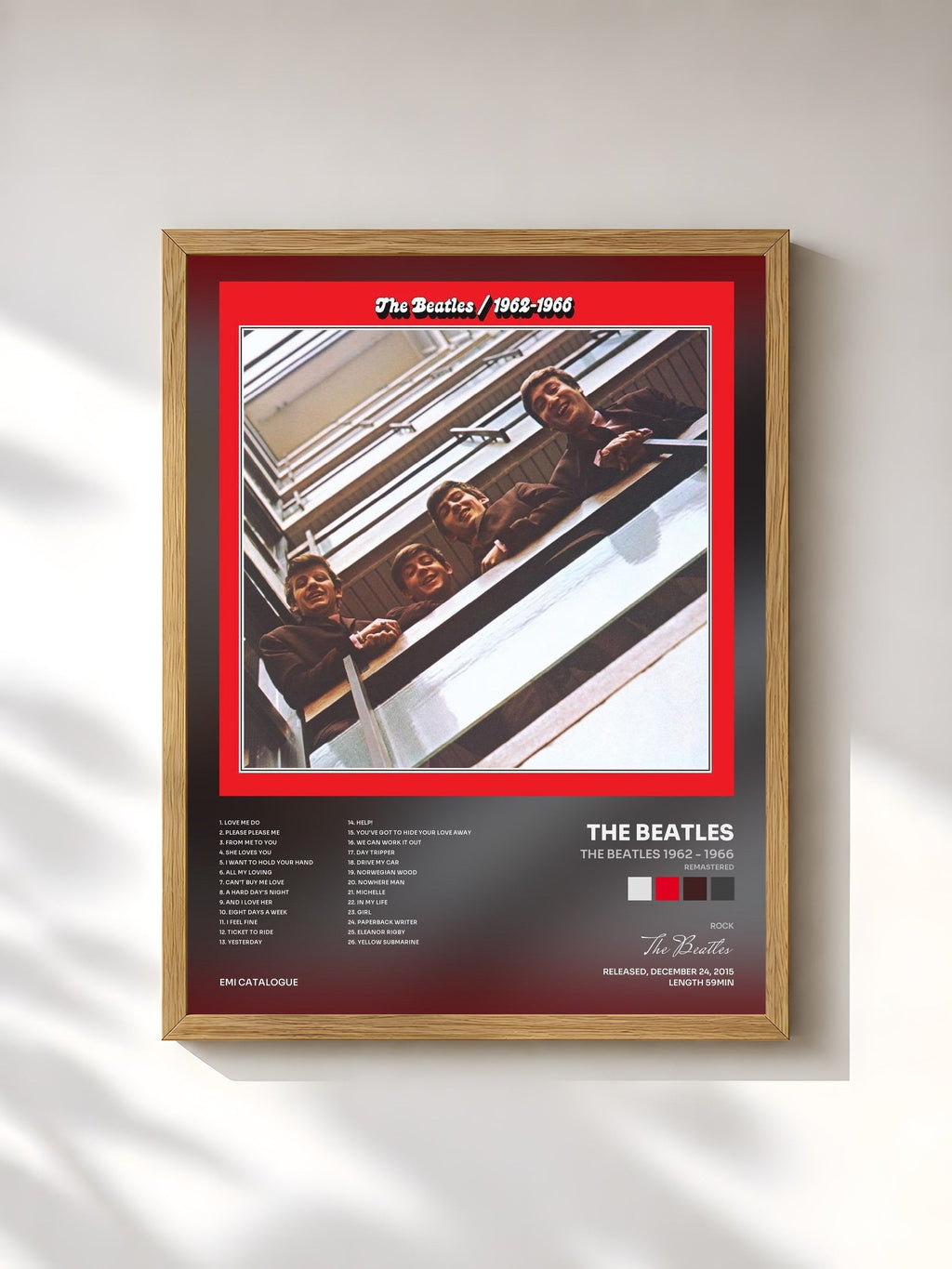 #bois Tableau de l'album The Beatles 1962 - 1966 (Remastered) de The Beatles, cadre en bois brut, imprimé et encadré en France