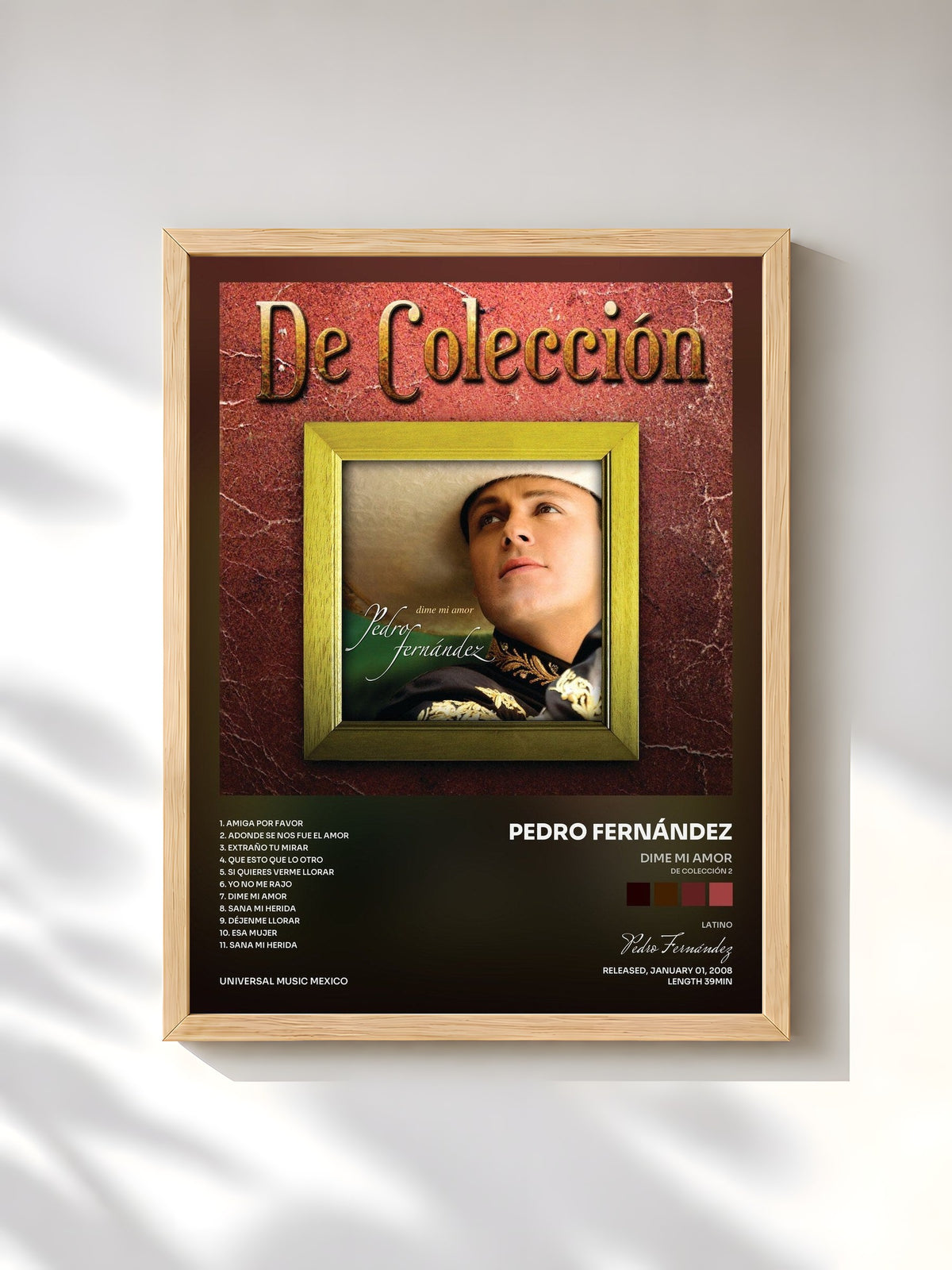 #bois Tableau de l'album Dime Mi Amor (De Colección 2) de Pedro Fernández, cadre en bois brut, imprimé et encadré en France