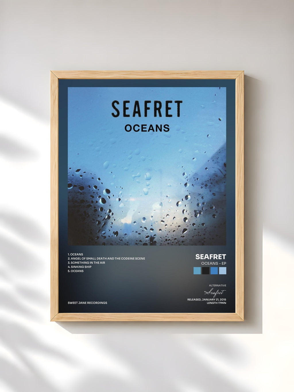 #bois Tableau de l'album Oceans - EP de Seafret, cadre en bois brut, imprimé et encadré en France