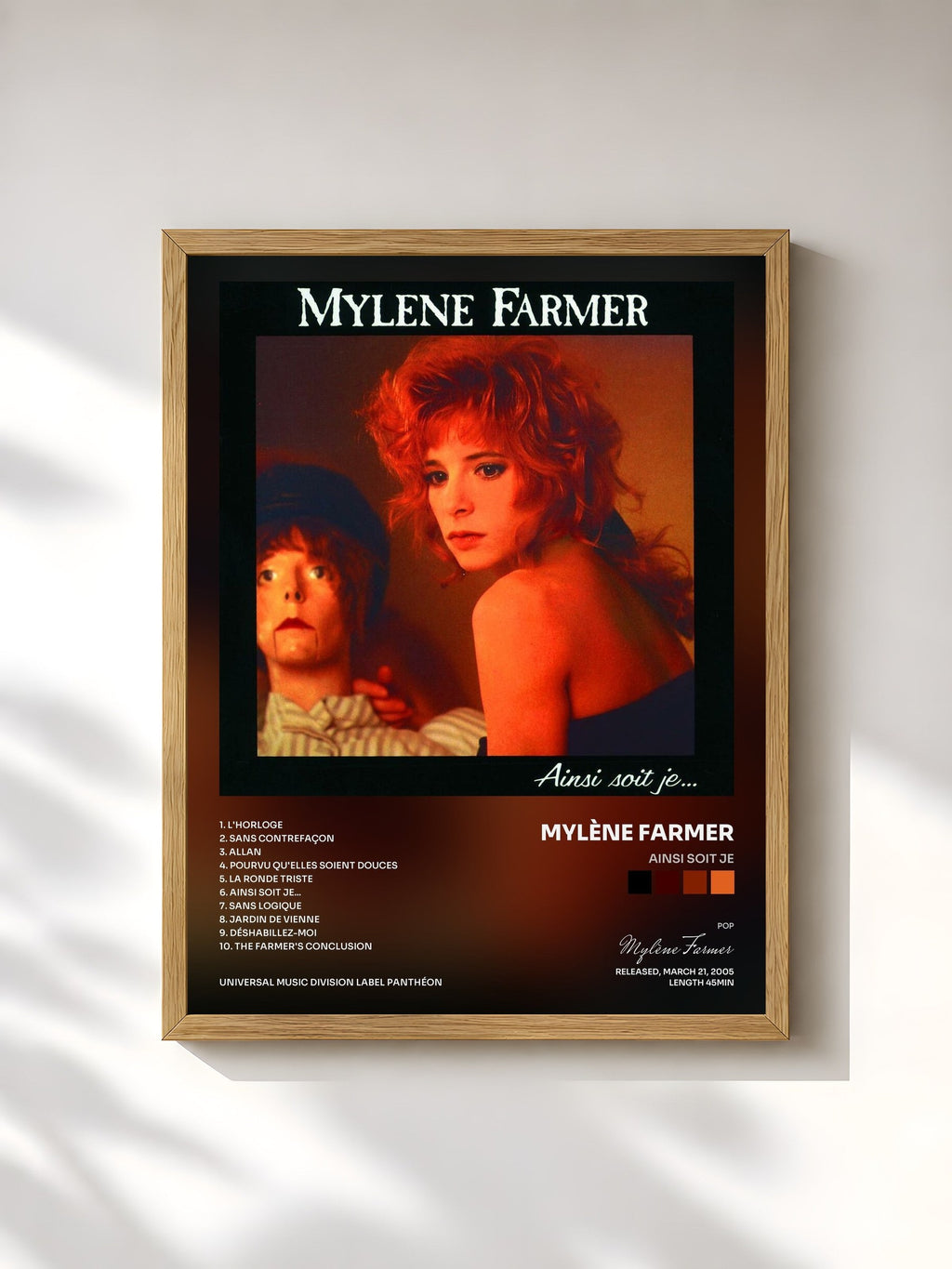 #bois Tableau de l'album Ainsi Soit Je de Mylène Farmer, cadre en bois brut, imprimé et encadré en France