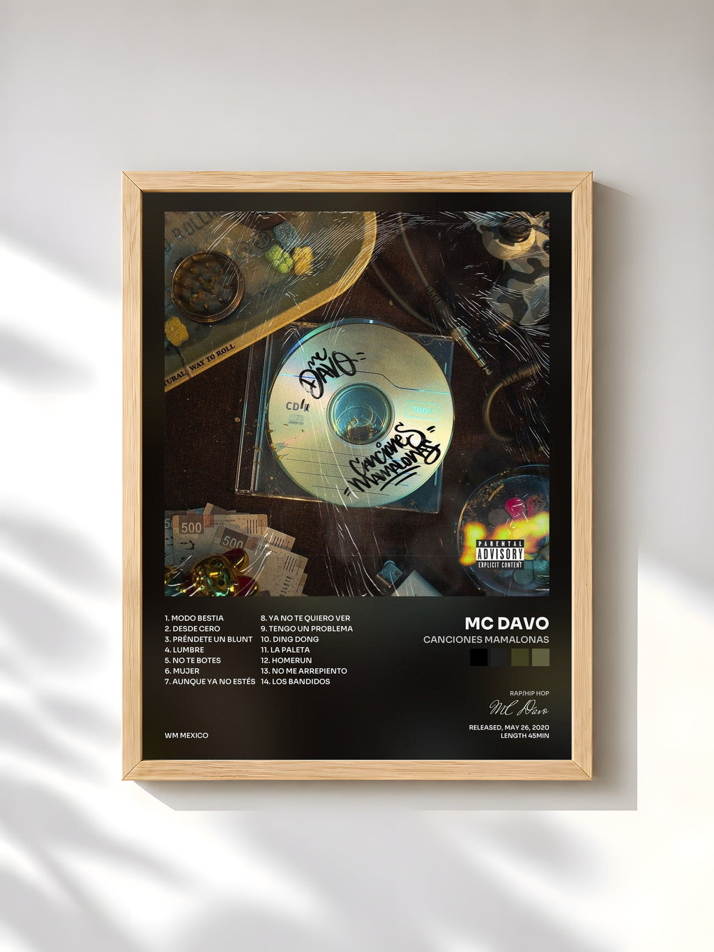 #bois Tableau de l'album Canciones Mamalonas de MC Davo, cadre en bois brut, imprimé et encadré en France
