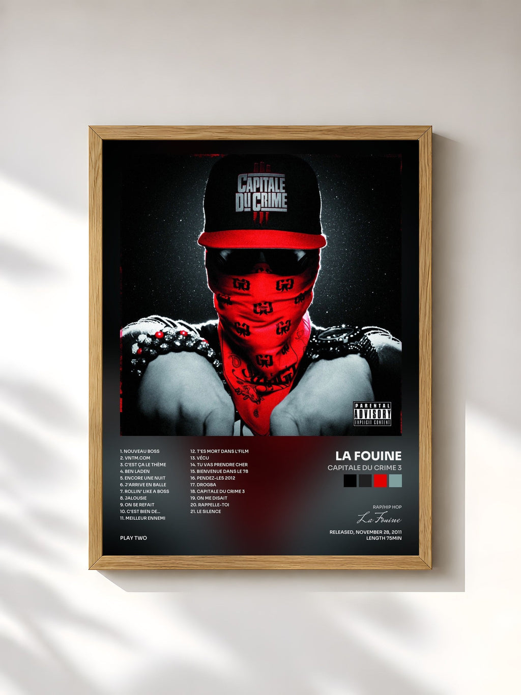 #bois Tableau de l'album Capitale du crime 3 de La Fouine, cadre en bois brut, imprimé et encadré en France