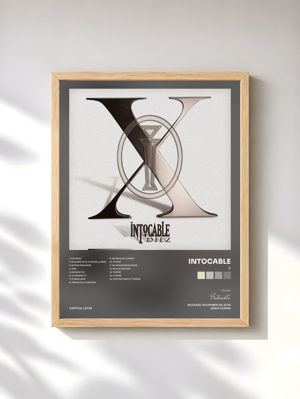 #bois Tableau de l'album X de Intocable, cadre en bois brut, imprimé et encadré en France