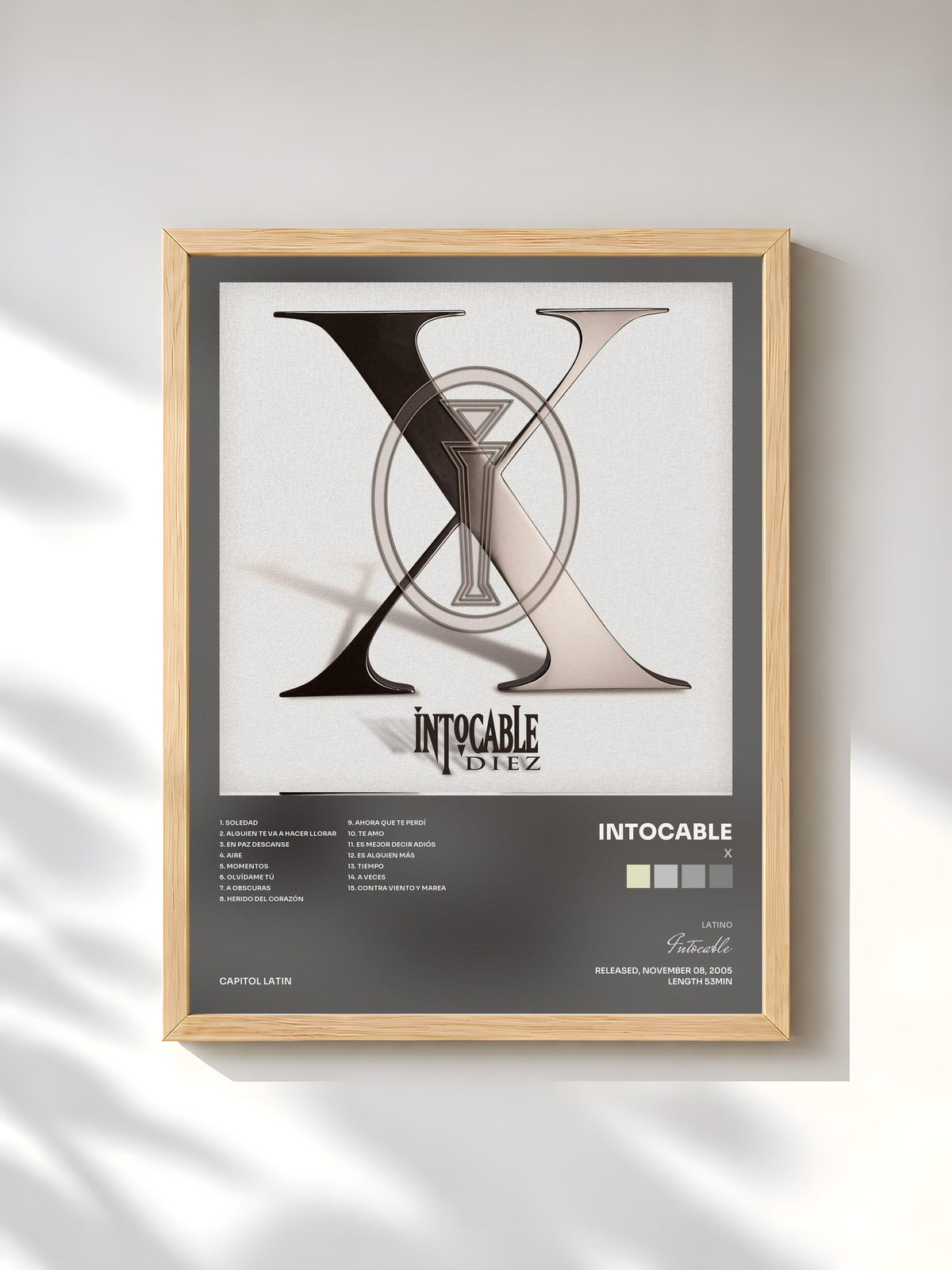 #bois Tableau de l'album X de Intocable, cadre en bois brut, imprimé et encadré en France