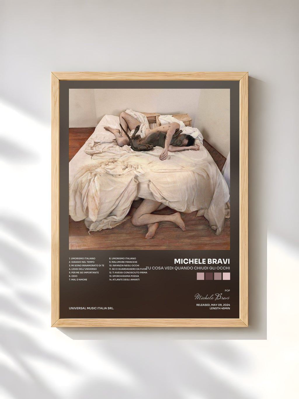 #bois Tableau de l'album tu cosa vedi quando chiudi gli occhi de Michele Bravi, cadre en bois brut, imprimé et encadré en France