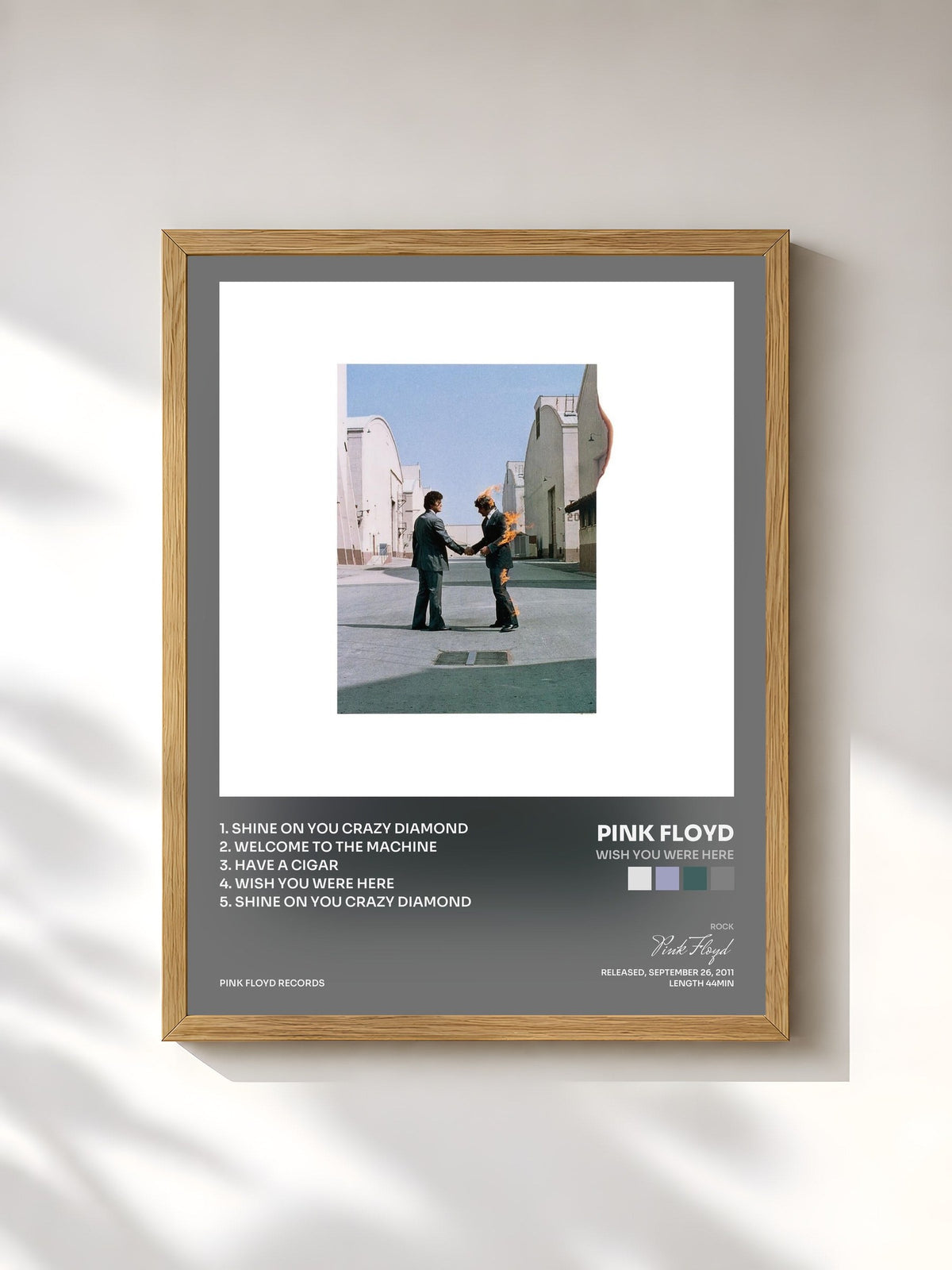 #bois Tableau de l'album Wish You Were Here de Pink Floyd, cadre en bois brut, imprimé et encadré en France
