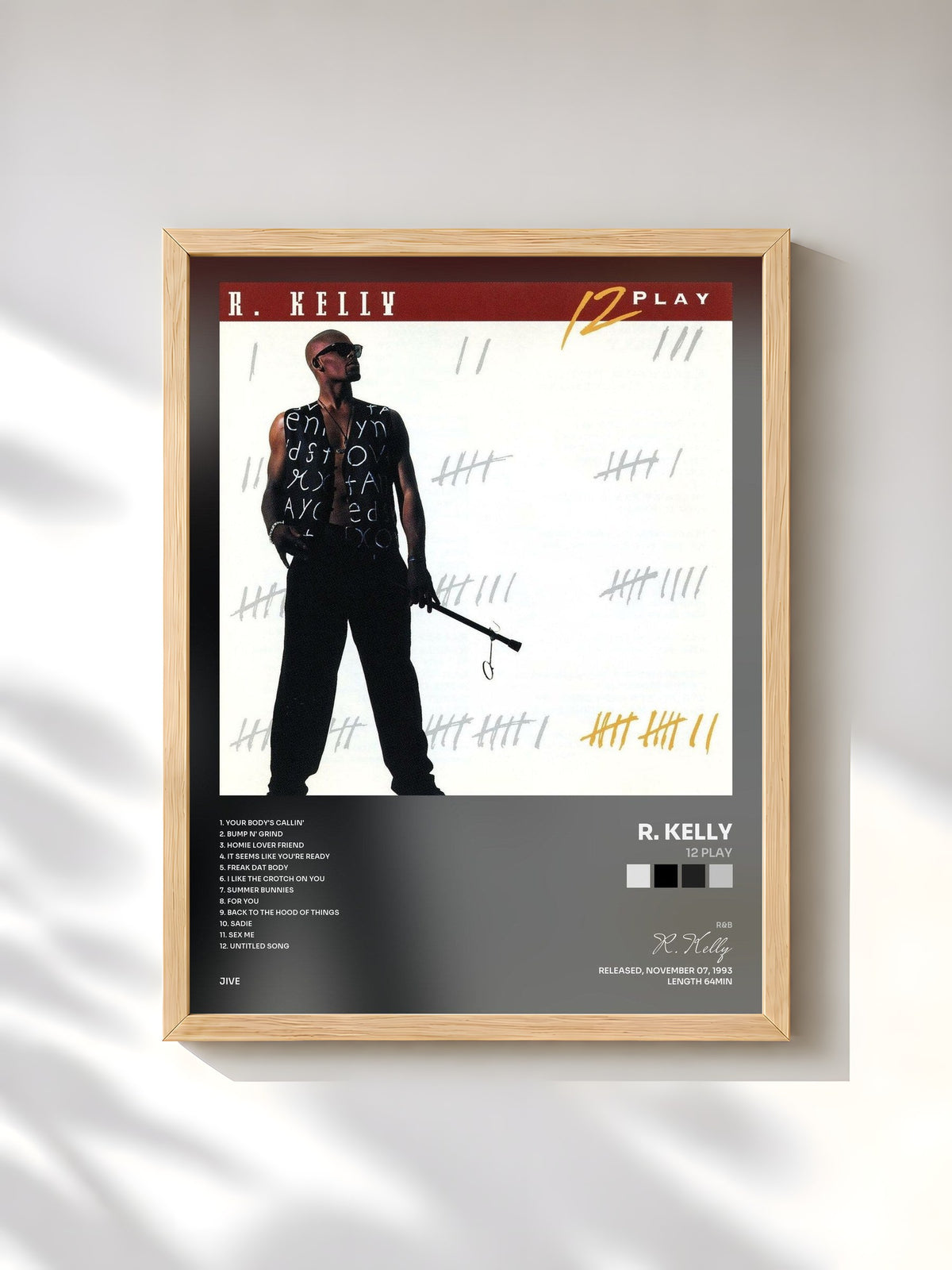 #bois Tableau de l'album 12 Play de R. Kelly, cadre en bois brut, imprimé et encadré en France