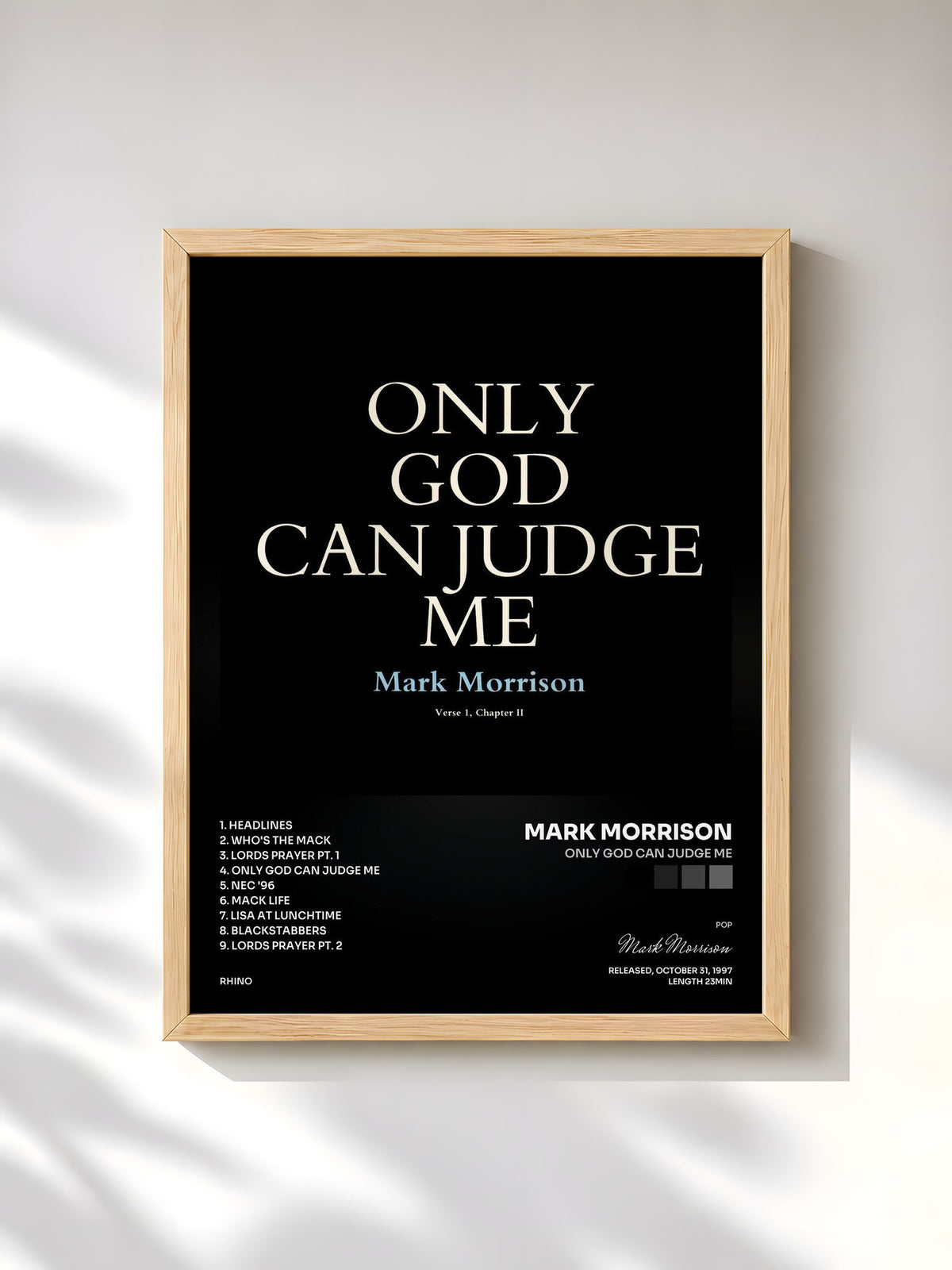 #bois Tableau de l'album Only God Can Judge Me de Mark Morrison, cadre en bois brut, imprimé et encadré en France