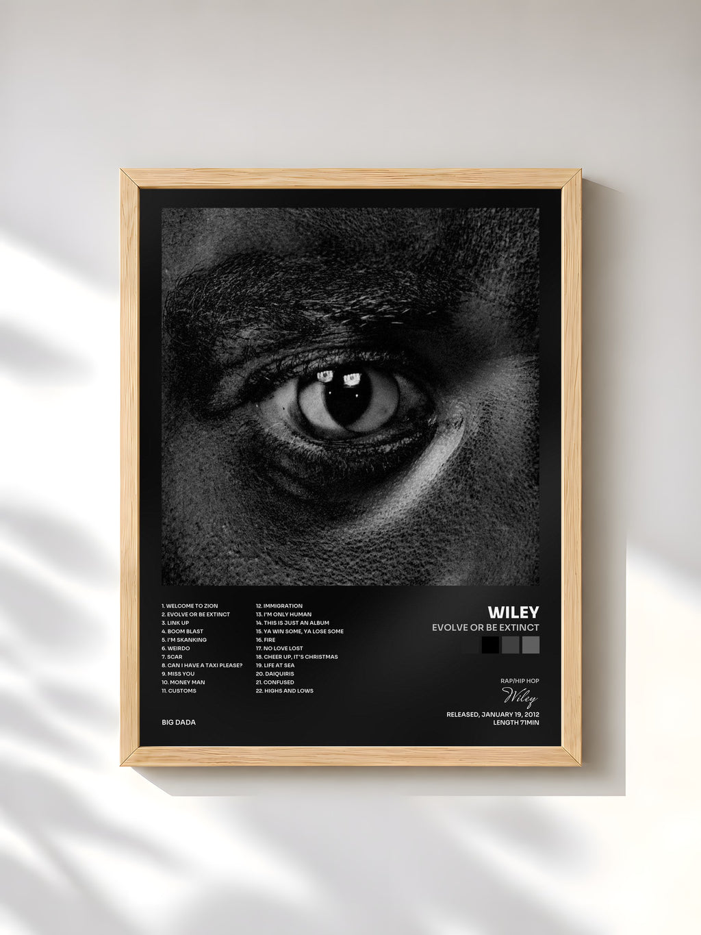 #bois Tableau de l'album Evolve Or Be Extinct de Wiley, cadre en bois brut, imprimé et encadré en France