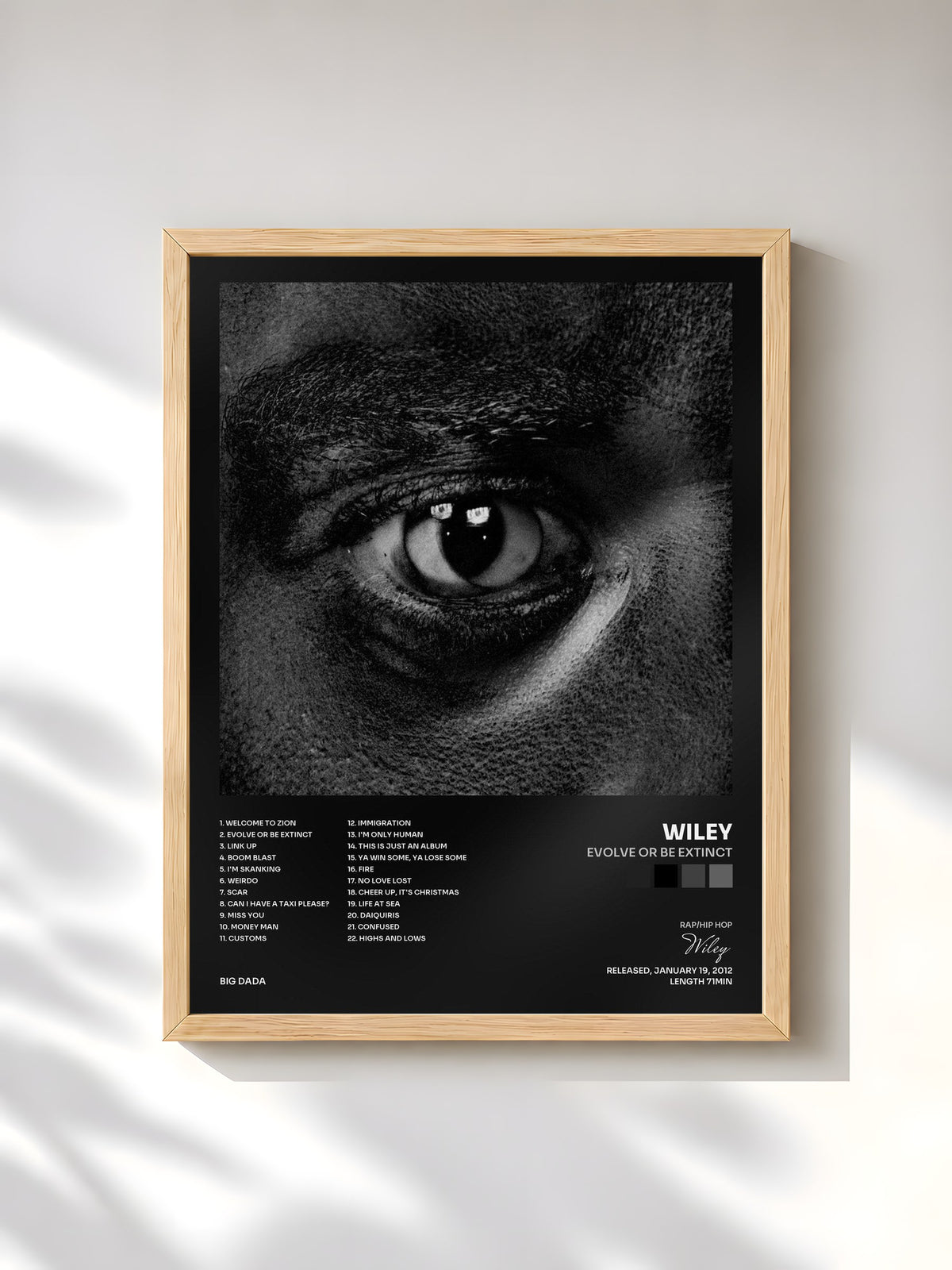 #bois Tableau de l'album Evolve Or Be Extinct de Wiley, cadre en bois brut, imprimé et encadré en France