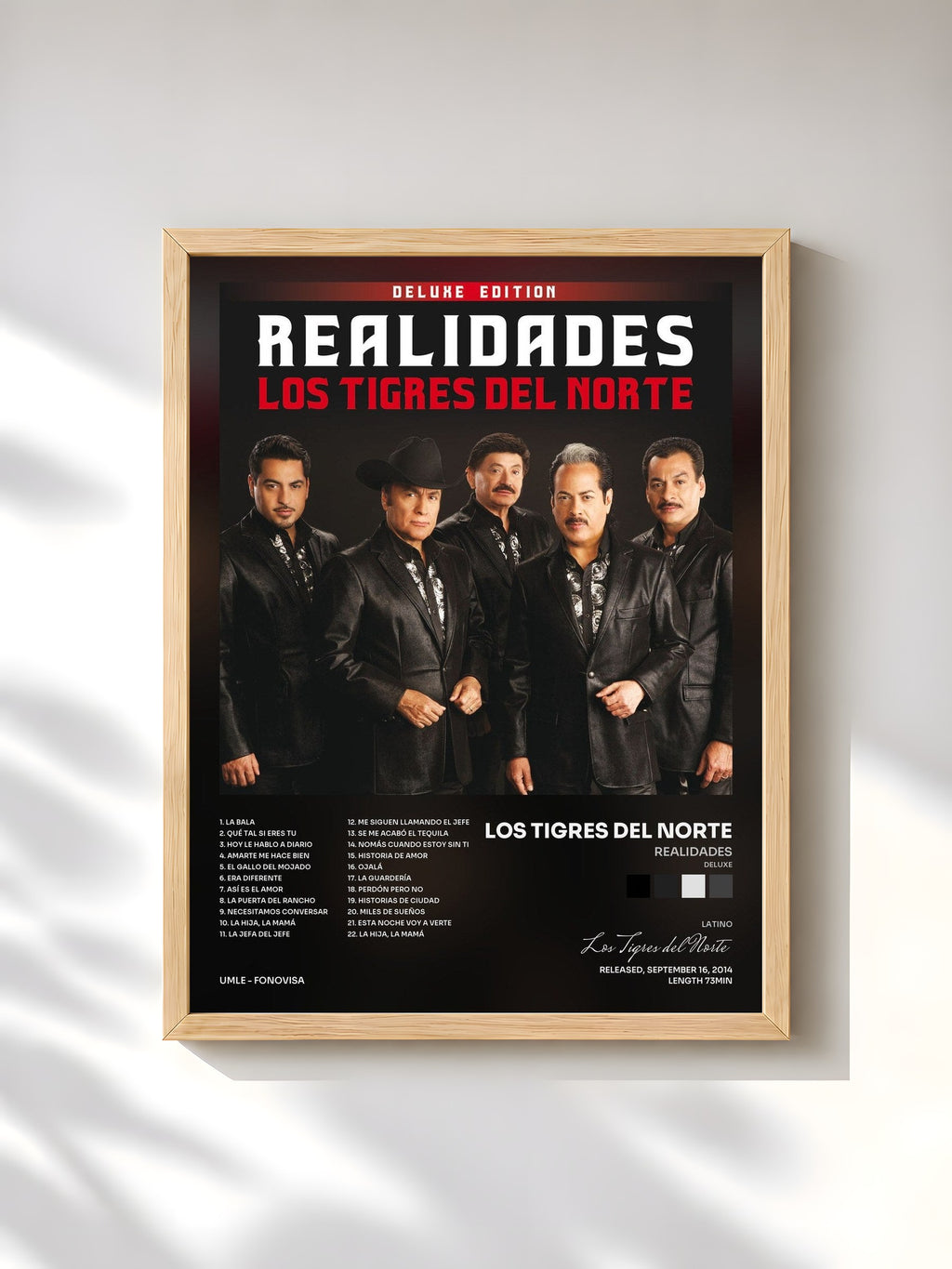 #bois Tableau de l'album Realidades (Deluxe) de Los Tigres del Norte, cadre en bois brut, imprimé et encadré en France