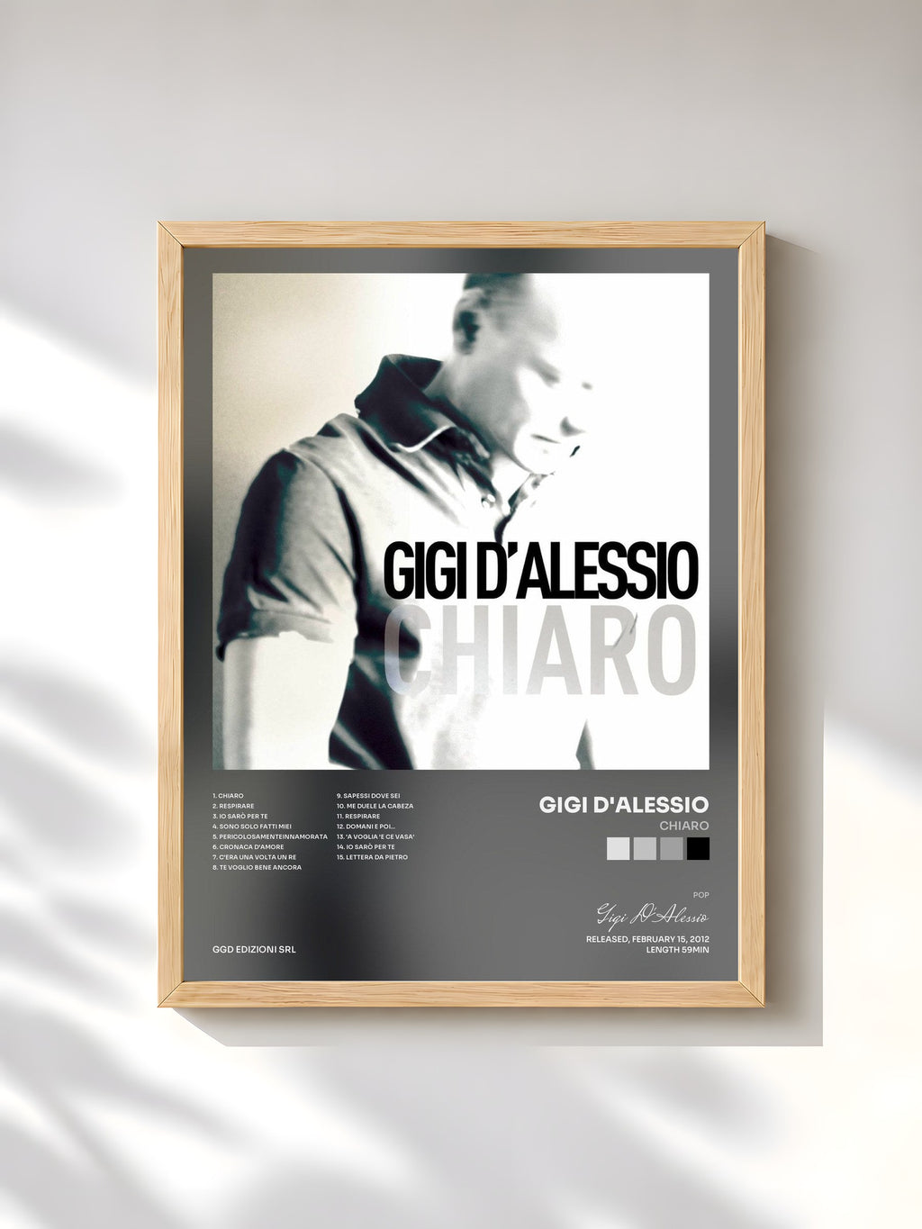 #bois Tableau de l'album Chiaro de Gigi D'Alessio, cadre en bois brut, imprimé et encadré en France