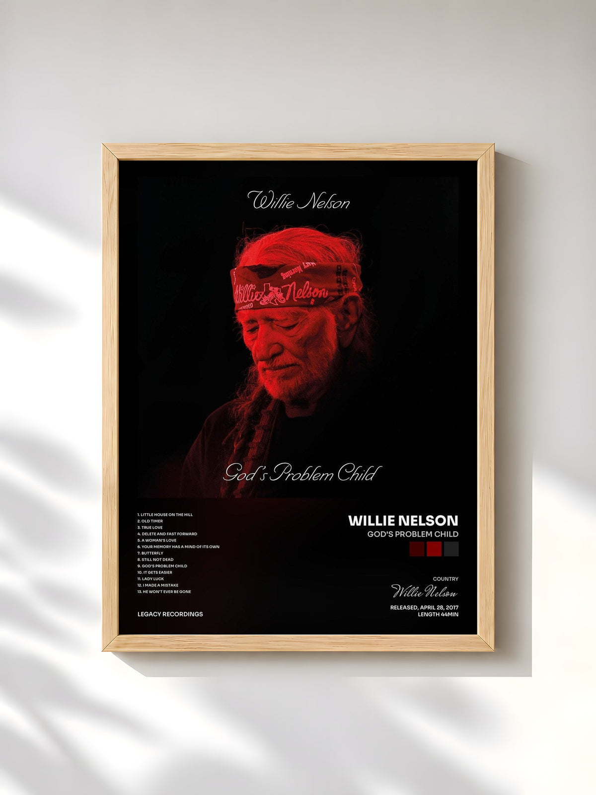#bois Tableau de l'album God's Problem Child de Willie Nelson, cadre en bois brut, imprimé et encadré en France