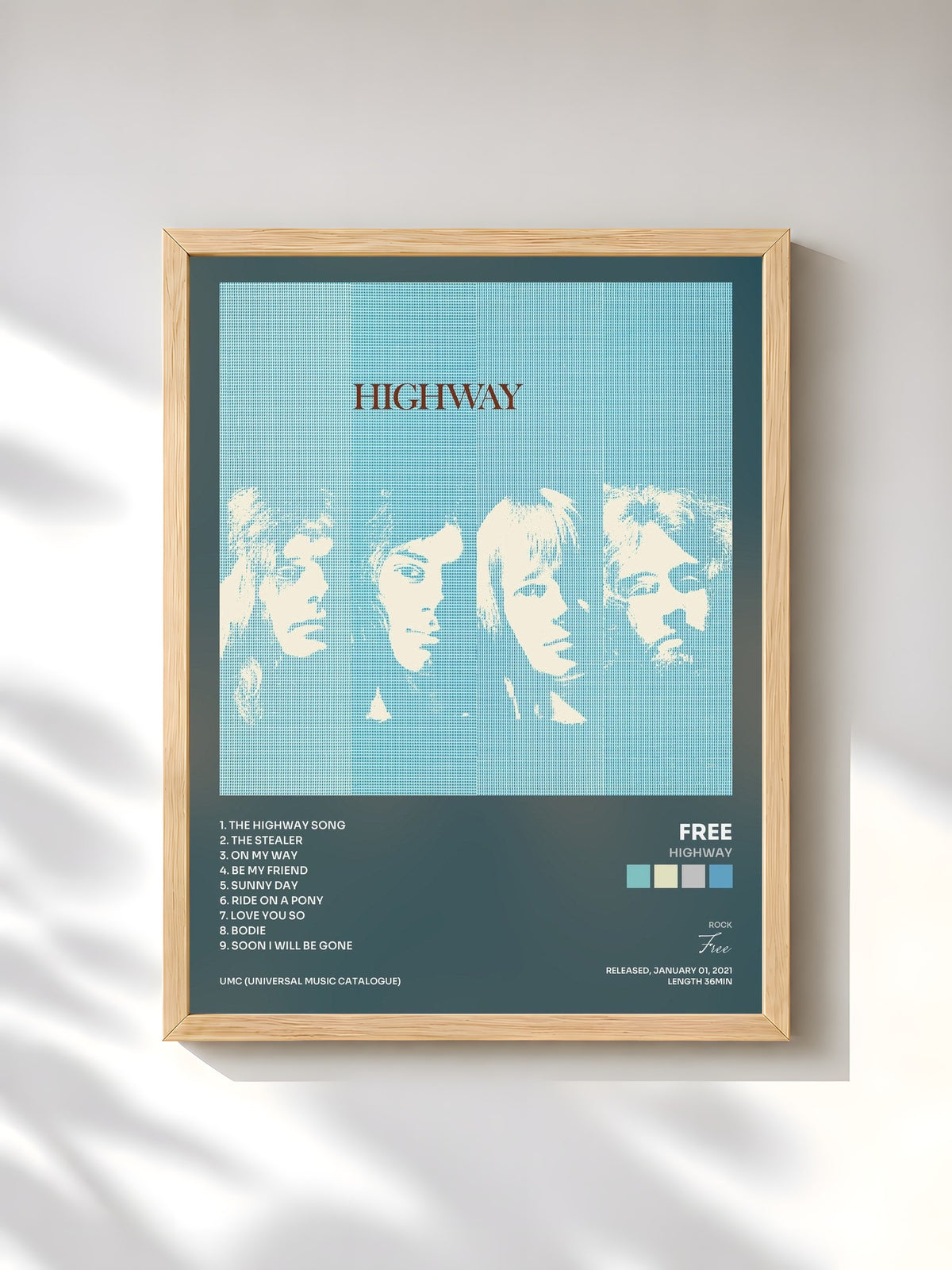 #bois Tableau de l'album Highway de Free, cadre en bois brut, imprimé et encadré en France