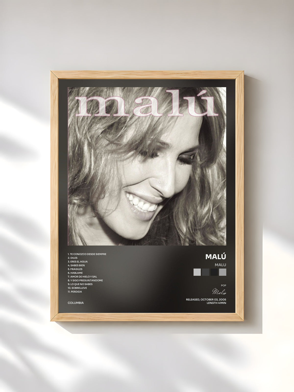 #bois Tableau de l'album Malu de Malú, cadre en bois brut, imprimé et encadré en France
