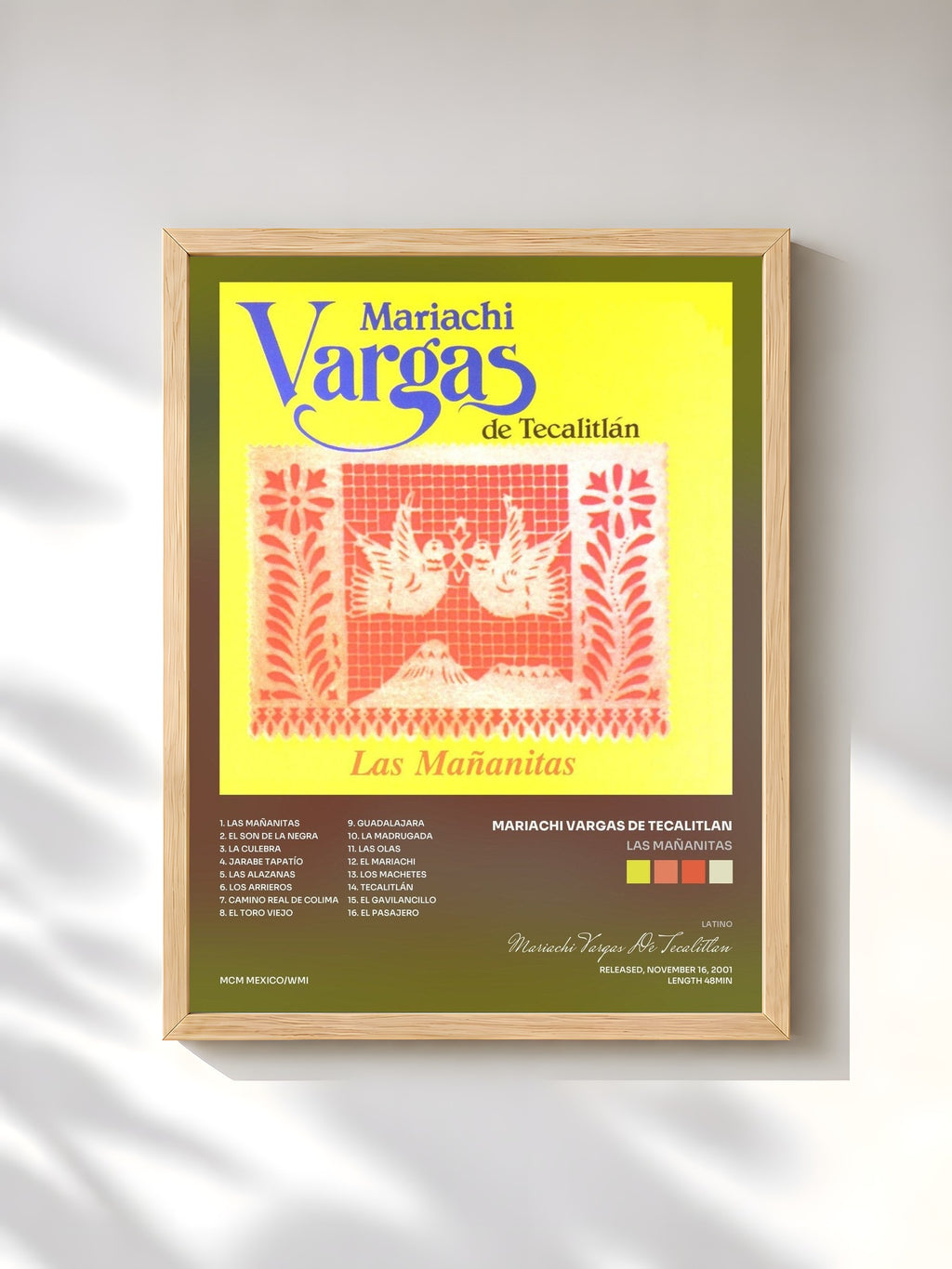 #bois Tableau de l'album Las Mañanitas de Mariachi Vargas De Tecalitlan, cadre en bois brut, imprimé et encadré en France
