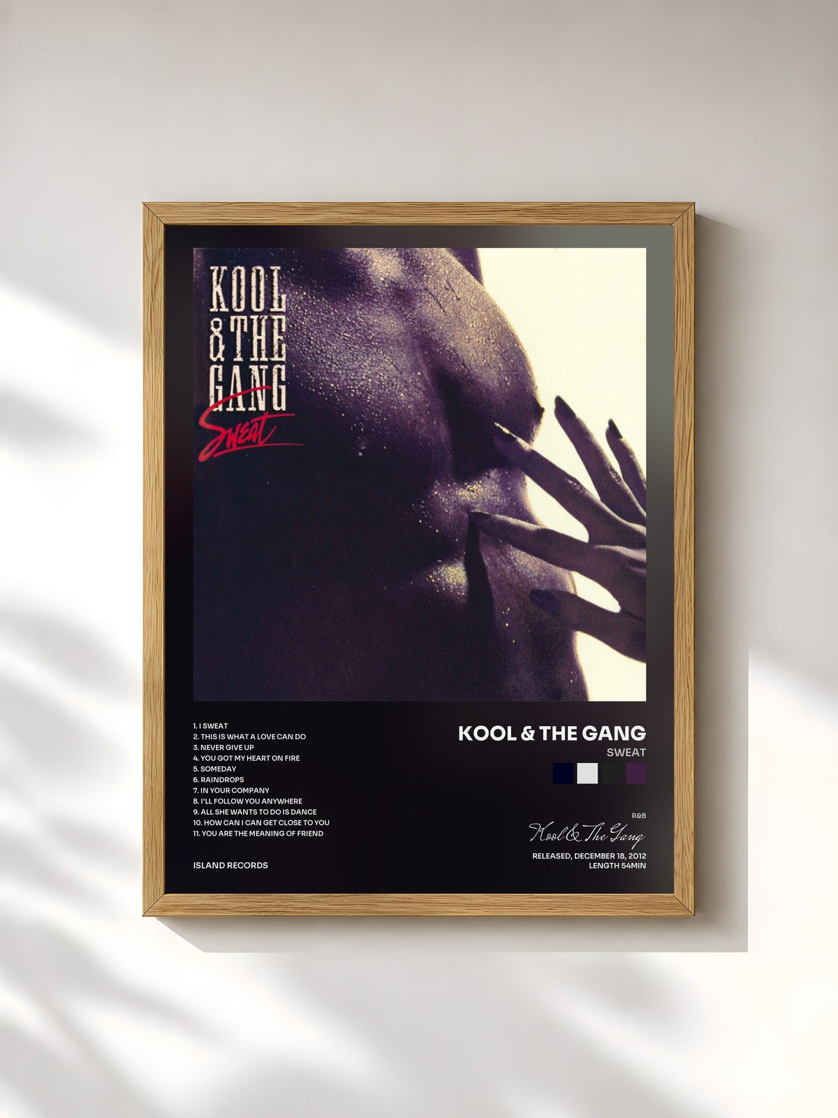 #bois Tableau de l'album Sweat de Kool & The Gang, cadre en bois brut, imprimé et encadré en France