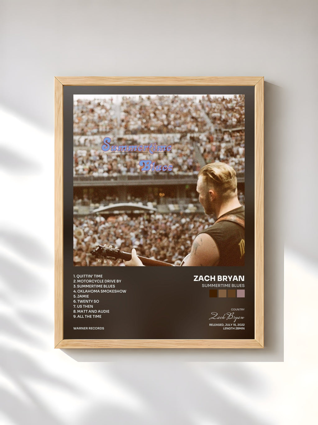 #bois Tableau de l'album Summertime Blues de Zach Bryan, cadre en bois brut, imprimé et encadré en France