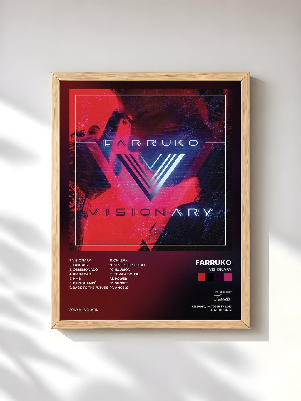 #bois Tableau de l'album Visionary de Farruko, cadre en bois brut, imprimé et encadré en France