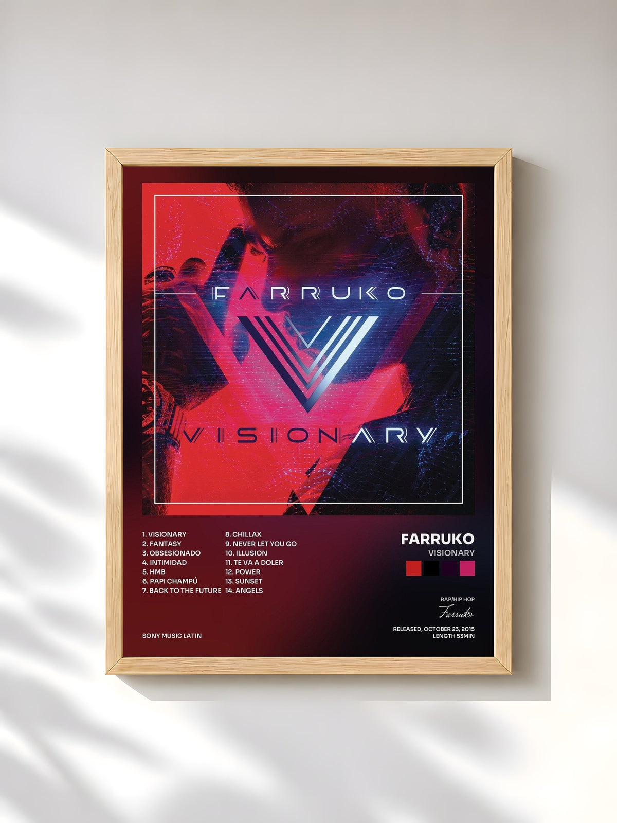 #bois Tableau de l'album Visionary de Farruko, cadre en bois brut, imprimé et encadré en France