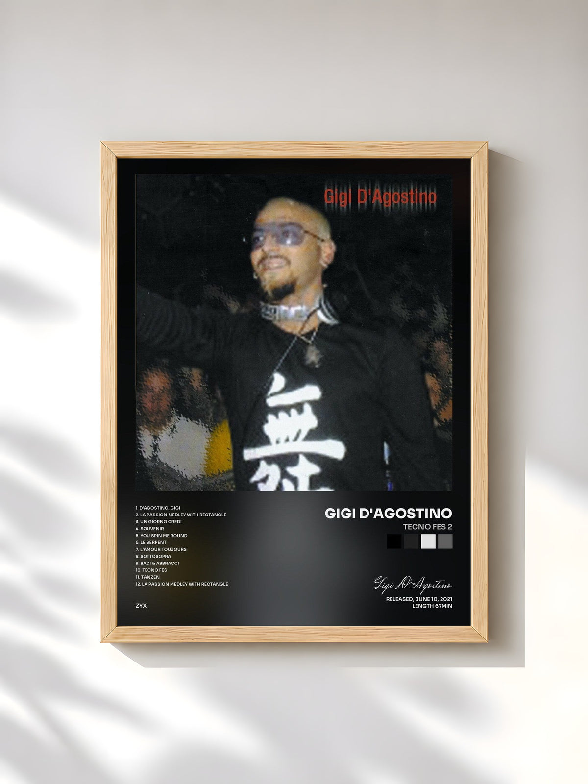 #bois Tableau de l'album Tecno Fes 2 de Gigi D'Agostino, cadre en bois brut, imprimé et encadré en France