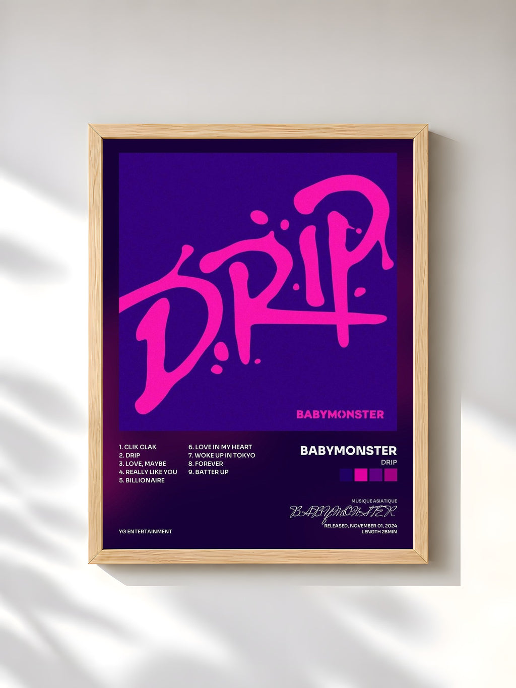 #bois Tableau de l'album DRIP de BABYMONSTER, cadre en bois brut, imprimé et encadré en France