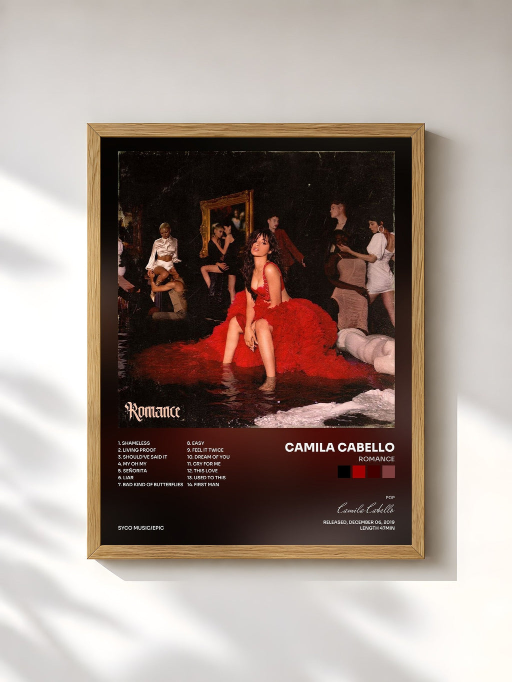 #bois Tableau de l'album Romance de Camila Cabello, cadre en bois brut, imprimé et encadré en France